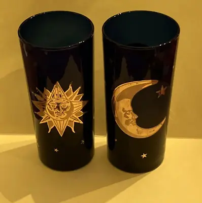Buy Culver Cobalt Blue Gold Sun Moon Star Planets Glass Tumbler Glassware Libby PAIR • 56.98£