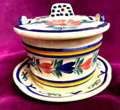 Buy QUIMPER FRENCH VINTAGE TWIN HANDLED  LIDDED CONSERVE POT 7.5cm TALL • 12.99£