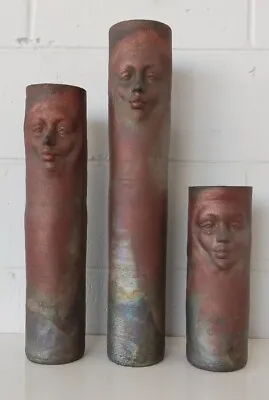 Buy Shelley Cignoli Raku Studio Art Pottery Cylinder Face Vase Sculptures - Set Of 3 • 208.64£