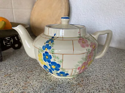 Buy Vintage Teapot Arthur Wood Hand Painted C 1934 Floral Trellis Blue Pink Rare! • 24.99£