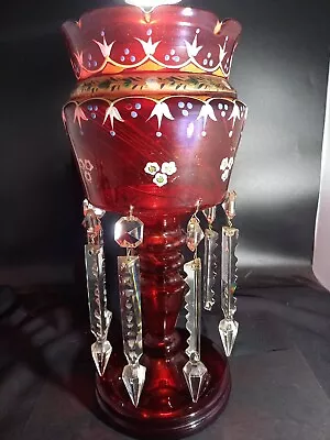 Buy Antique Victorian Large Cranberry Lustre Glass Mantle & Prism Crystal Droplets  • 65£