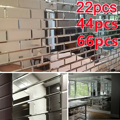 Buy 22/44/66Pcs Clear Mirror Brick Glass Tile Bevelled Wall Decal Mosaic Tiles Decor • 15.82£