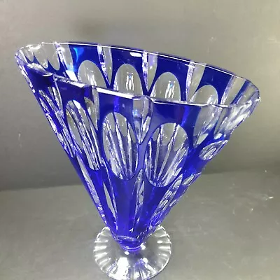 Buy Lovely Rare Vintage Bohemian Hand Blown Blue Glass Cut To Clear Vase 8 1/4  • 95£