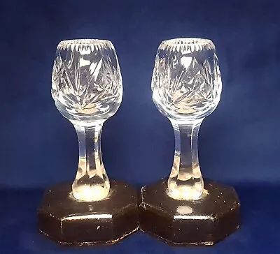 Buy Pair Of Vintage Crystal Glass Candlestick Holders Wooden Base • 17.99£