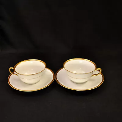 Buy CA Charles Ahrenfeldt Limoges Set Of 2 Cups & Saucers 1894-1930 Gold On White • 74.91£