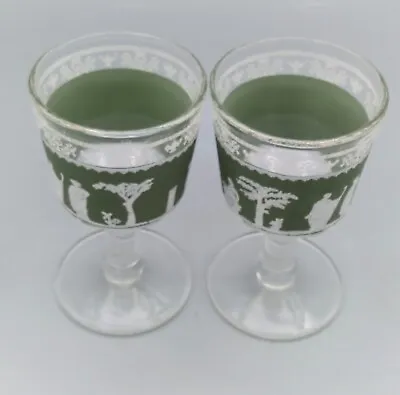 Buy Vintage Jeannette Helenic Green Footed Liqueur Glasses Wedgewood Green Set Of 2 • 9.59£