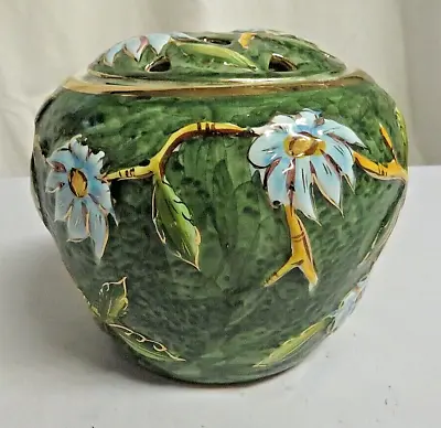 Buy Vintage Green Blue Yellow Gold Floral Flower Vase With Lid With Holes In It • 9.99£