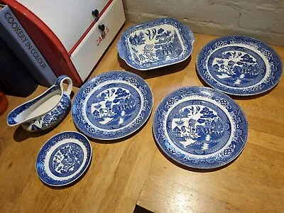 Buy Set Antique Vintage Willow Pattern Staffordshire China Platter Blue White Gravy • 36£