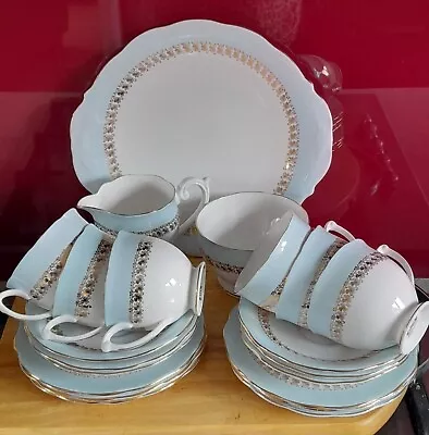 Buy Queen Anne White, Blue & Gold 6 Cups, Saucers, Plates, Milk, Sugar & Cake Plate • 34£