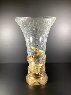 Buy Vintage Art Nouveau Mouth Blown 15” Crackle Glass Vase W/ Ornate Brass Base • 151.19£