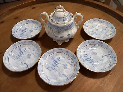 Buy 6pc Light Blue Willow Stone Vintage Chinese Small Plates With Pot And Lid Antiqu • 29.99£