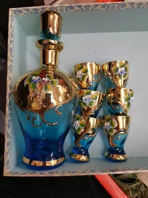 Buy Beautiful Vintage Murano Blue And Gold Decanter With Stopper + 6 Glasses • 5.50£