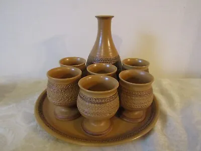 Buy Vintage Retro Studio Pottery Brown Rustic Decanter Bottle 6 Wine Goblets & Tray • 15.99£