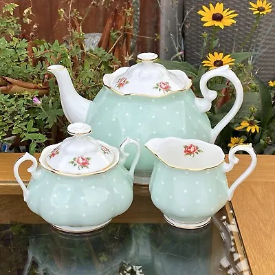 Buy Royal Albert Green Polka Rose 3 Piece Tea Set Teapot Milk Jug Sugar Bowl 1st New • 175£