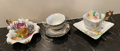 Buy Vintage Fine Porcelain Miniature Tea Cups & Saucers Hand Painted Japan Set Of 3 • 39.48£