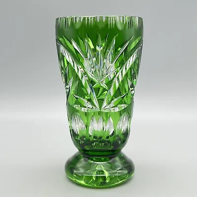 Buy Bohemian GREEN CUT TO CLEAR Cut Crystal Glass FOOTED VASE 6.75  HEAVY Minty • 28.40£