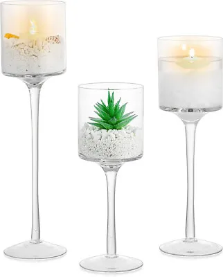 Buy 3Pcs Tall Pillar Glass Candle Holder Set Table Crystal Tealight Lantern Wedding • 12.94£