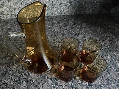 Buy Vintage Amber Glass Jug (~24cm Tall, 750ml) And Four Glasses (~9cm Tall, 175ml) • 29.99£