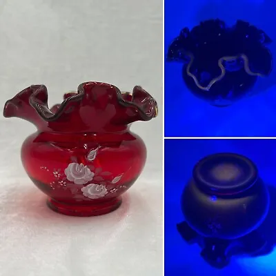 Buy Fenton Glass Ruby Red Ruffled Bowl Hand Painted Signed - UV Cadmium Glow • 23.70£