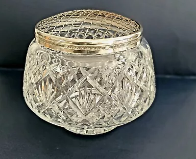 Buy Beautiful Vintage Classic Heavy Cut Glass Rose Bowl Silver Coloured Mesh Lid  • 7£