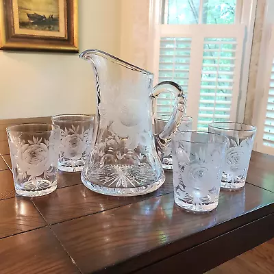 Buy American Brilliant Cut Glass Heavy Pitcher & 5 Matching Tumblers Etched Roses • 201.60£