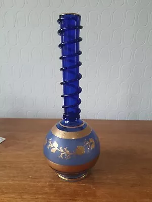 Buy Rare Cobalt Blue Gilt Hand Blown Glass Vase Spiral • 19.99£