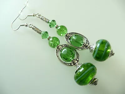 Buy Vintage Art Deco Style Green Faceted & Crackle Glass Earrings Boho Prom Party • 8.69£