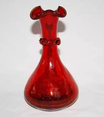 Buy Red Orange Amber Crackle Art Glass With Ribbon Vase #1767 • 22.84£