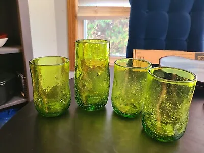 Buy Vintage Set Of 4 Blenko Crackle Glass Pinched  Dimpled Tumblers  • 66.38£