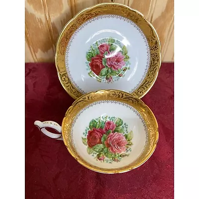 Buy Vtg EB Foley 1850 Bone China Teacup & Saucer Cabbage Roses Elegant Gold Trim • 42.69£