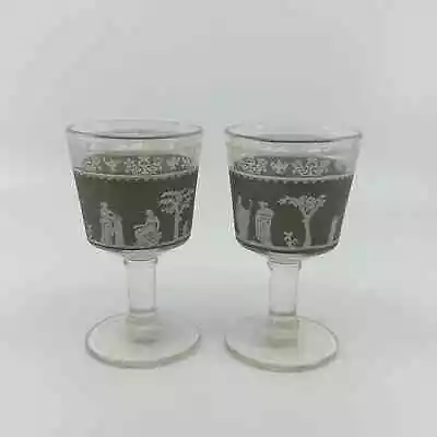 Buy Jeanette Hellenie Green Wine Glasses Greek Motif Vintage 2Pc 60s Wedgewood Vtg • 33.70£