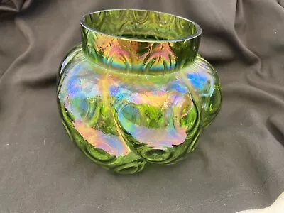 Buy Beautiful Bohemian Art Nouveau Iridescent Green Dimpled Pumpkin Glass Vase • 60£