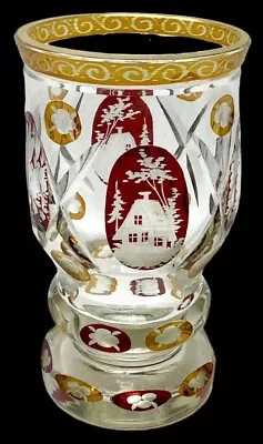 Buy Antique Biedermeier Bohemian Glass W/etched Decor Red & Citron Cut To Clear Vase • 407.59£