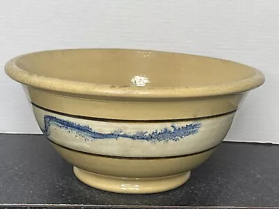 Buy Antique Mocha Ware Rare 1800s Yellow Ware Blue Seaweed Banded Bowl XL 13” • 176.85£