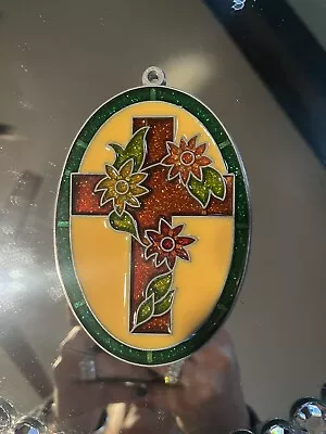 Buy Vintage Christmas Decoration Stained Glass Window Hanger Red Cross Green Trim 5  • 14.39£