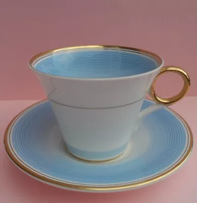 Buy A Shelley Art Deco  Blue Swirls  12877 Regent Shape Tea Cup & Saucer. C.1938. • 65£