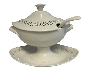 Buy Authentic Leeds Creamware Pierced Lidded Sauce Tureen & Stand With Ladle H 17cm • 50£