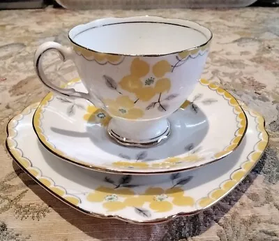 Buy Salisbury Crown China Trio Hand Painted Yellow Flower Cup Saucer & Plate • 15£