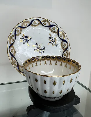 Buy Finely Decorated 18thC Worcester Fluted Tea Bowl/Cup & Matched Saucer • 95£