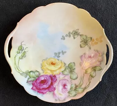 Buy Antique Hand Painted Roses Cake Plate Handle Cutouts Gold Trim German Signed • 33.62£