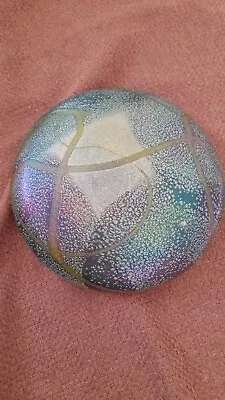 Buy Large Heron Glass Blue Iridescent Disc Paperweight • 45£