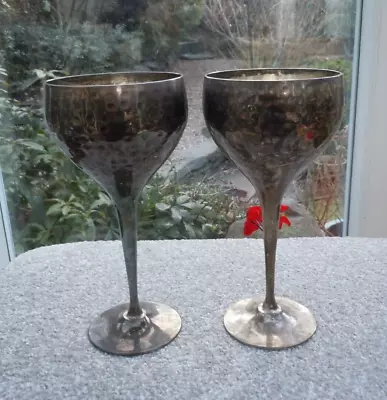 Buy Pair Large Silver Plated Hammer Finnish Wine Glasses Goblets 20cm Tall • 32.50£