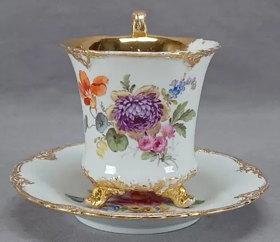 Buy Meissen Hand Painted Floral & Gold Biedermeier Footed Cup & Saucer C. 1860-1924 • 470.41£