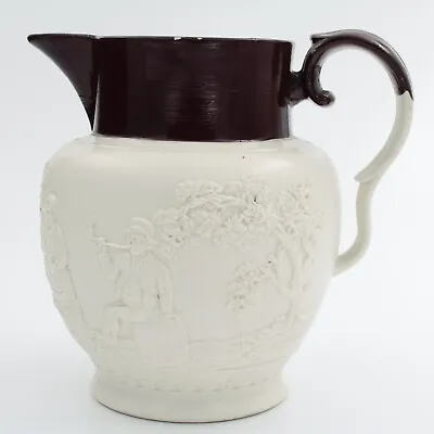 Buy Georgian Davenport Stoneware Jug Sprigged Scene Of Topers White With Brown Neck • 60£