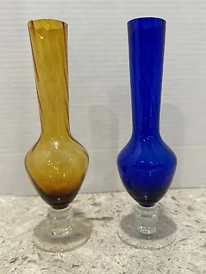 Buy VTG Cobalt Blue & Amber Brown Hand Blown Art Glass Vases 8”  Twisted Base • 14.38£