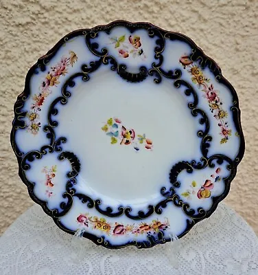 Buy Antique Flow Blue & White China Plate Pretty Hand Painted Floral Butterfly C1850 • 25£