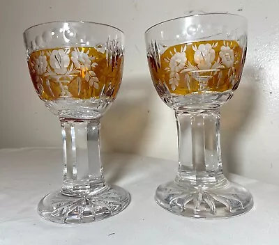Buy Rare Pair Hand Cut To Clear Thick Stem Crystal Orange Glass Wine Goblet Glasses  • 239.07£