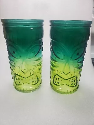 Buy Pair Of Tiki Style Glasses Flash Painted Green Yellow Candle Holder Decor • 3.79£