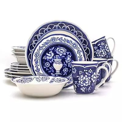 Buy Blue Garden 16 Piece Oven Safe Hand Painted Stoneware Dinnerware Set, Service... • 138.91£