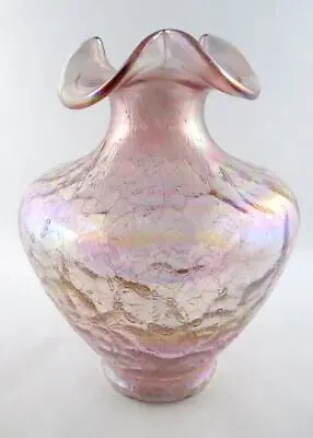 Buy Vintage Unmarked Fenton Iridescent Pink Crackle Vase Ruffled Top 11 Inch Height • 124.39£